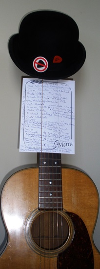 Bowler hat, guitar, badge, pick and list of performers at the Six Bells - 2/06/15