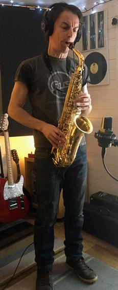 Simon doing some alto sax on Little red car - 5.02.20
